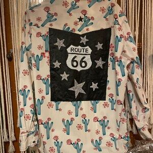 Route 66 hand painted one of a kind shirt with rhinestone button details. XL